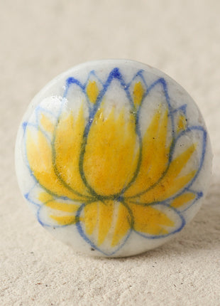 White Ceramic Blue Pottery Dresser Cabinet Knob With Yellow Lotus Flower