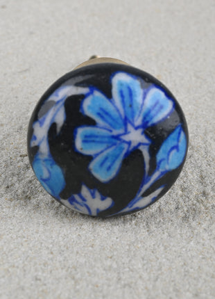Handmade Paisley Flower On Black Ceramic Blue Pottery Drawer Knob