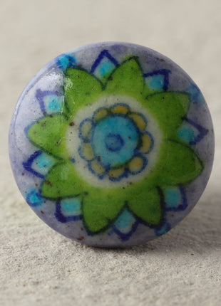 Green Flower On Purple Ceramic Blue Pottery Kitchen Cabinet Knob
