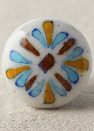 Stylish White Round Ceramic Blue Pottery Drawer Knob With Multicolor Petals