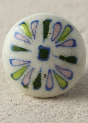 Handmade Green And Pink Petals On White Ceramic Blue Pottery Drawer Knob