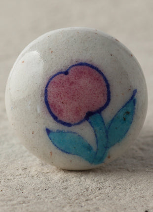 Stylish Ceramic White Blue Pottery Drawer Knob With Pink Flower