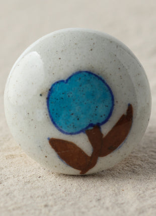 Handcrafted White Ceramic Blue Pottery Knob With Turquoise Flower