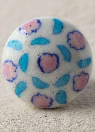 Stylish Pink Flowers On White Ceramic Blue Pottery Drawer Knob