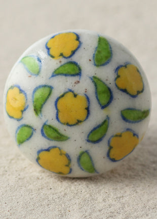 Handmade Yellow Flowers On White Ceramic Blue Pottery Door Knob