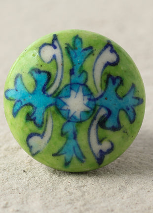 Handmade Light Green Dresser Cabinet Knob With White And Turquoise Design