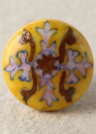 Yellow Handmade Dresser Cabinet Knob With White And Brown Design