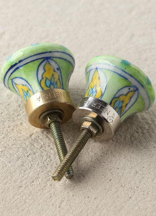 Light Green Ceramic Blue Pottery Drawer Knob With Turquoise And Yellow Print