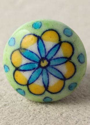 Light Green Ceramic Blue Pottery Drawer Knob With Turquoise And Yellow Print