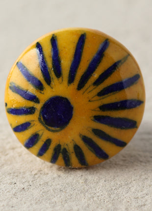 Stylish Blue Flower On Yellow Ceramic Blue Pottery Door Knob