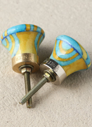 Handmade Turquoise And Yellow Ceramic Blue Pottery Kitchen Cabinet Knob