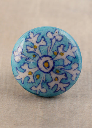 Stylish Turquoise Ceramic Blue Pottery Door Knob With White Flower