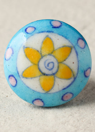 Vintage Turquoise Ceramic Blue Pottery Door Knob With Yellow Flower