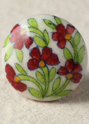 Elegant Turquoise Ceramic Blue Pottery Door Knob With Red Flowers And Green Leaves