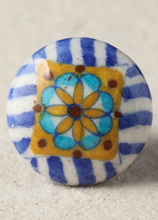 White And Blue Patchwork With Yellow Flower Ceramic Blue Pottery Door Knob