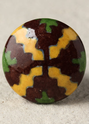 Zigzag Yellow, Brown And Green Ceramic Blue Pottery Door Knob