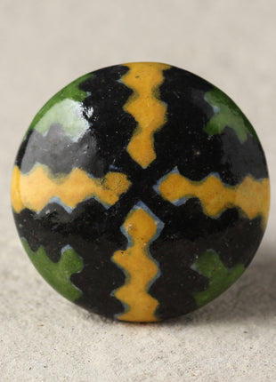 Zigzag Black, Yellow And Green Ceramic Blue Pottery Dresser Cabinet Knob