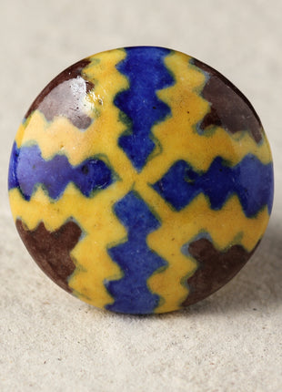 Zigzag Yellow, Brown And Blue Ceramic Blue Pottery Drawer Knob