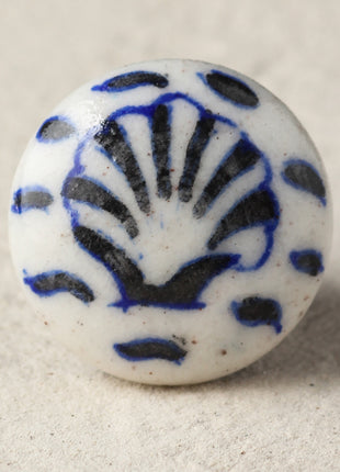 Elegant Black Seashell On White Ceramic Blue Pottery Drawer Knob