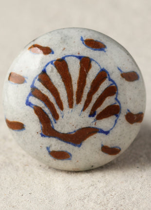 Brown Seashell On White Ceramic Blue Pottery Kitchen Cabinet Knob