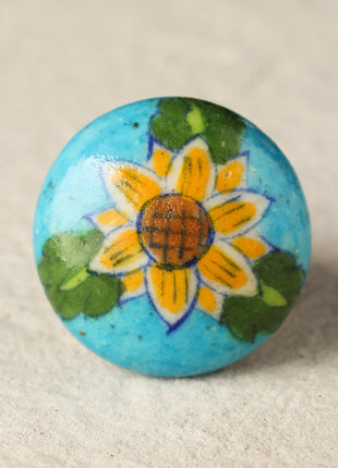 Stylish Turquoise Ceramic Blue Pottery Drawer Knob With Yellow Flower
