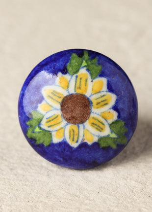 Handmade Blue With Yellow Flower Ceramic Blue Pottery Drawer Knob