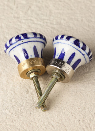 Handmade Blue Stripes On White Ceramic Blue Pottery Drawer Knob