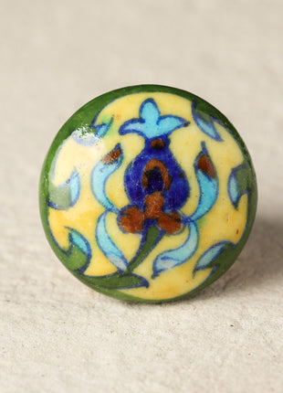 Multicolor Floral Print On White Ceramic Blue Pottery Drawer Knob