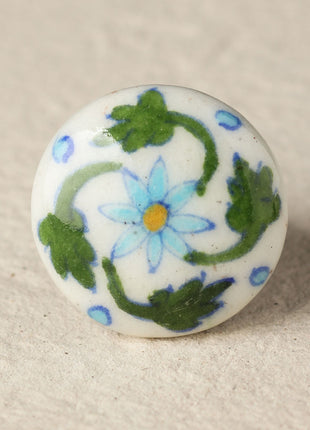 Vintage White Ceramic Knob With Turquoise And Green Design