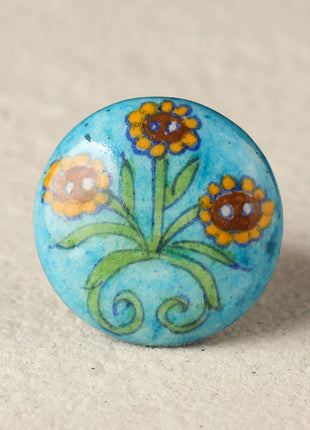Stylish Sunflower On Turquoise Ceramic Blue Pottery Drawer Knob