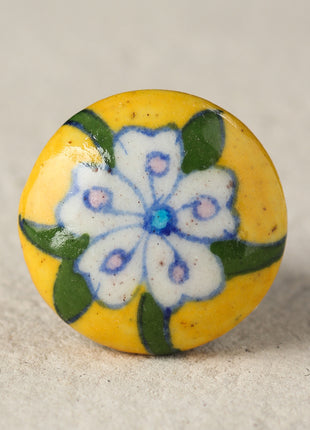 Handmade Yellow Ceramic Blue Pottery Knob With White Flower