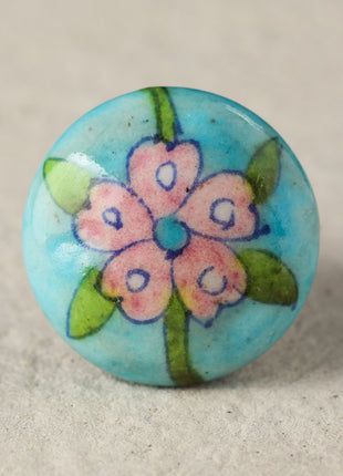 Vintage Turquoise Ceramic Blue Pottery Knob With Salmon Pink Flower