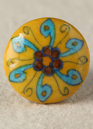 Yellow Ceramic Blue Pottery Kitchen Cabinet Knob with Turquoise Flower