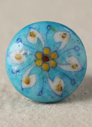 Turquoise Ceramic Blue Pottery Dresser Cabinet Knob with White Flower