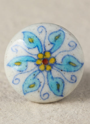 White Ceramic Blue Pottery Door Knob with Turquoise Flower
