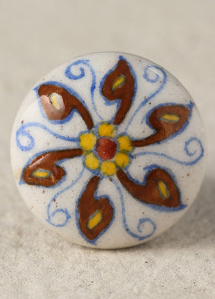 White Ceramic Blue Pottery Drawer Knob with Brown Flower