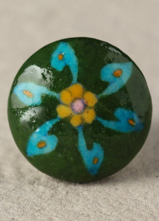 Green Ceramic Blue Pottery Drawer Knob with Turquoise Flower