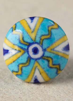Zigzag Yellow And Turquoise Ceramic Blue Pottery Kitchen Cabinet Knob