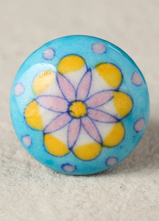 Turquoise Ceramic Blue Pottery Door Knob With Pink And Yellow Print
