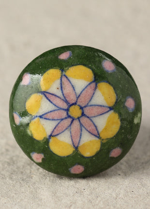 Green Ceramic Blue Pottery Drawer Knob With Pink And Yellow Print