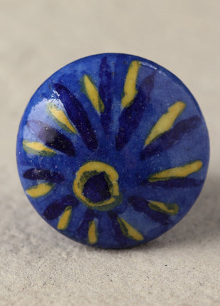 Blue Ceramic Blue Pottery Drawer Knob With Black And Yellow Print