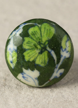 Light Green Flower On Green Ceramic Blue Pottery Drawer Knob