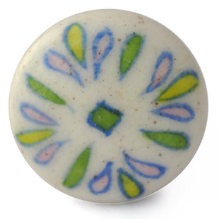 Antique Round White Ceramic Blue Pottery Drawer Knob With Multicolor Petals
