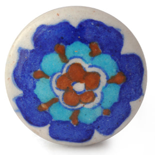Turquoise, Brown And Blue Flower On White Ceramic Blue Pottery Drawer Knob