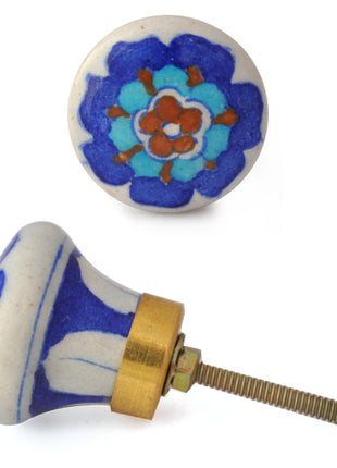 Turquoise, Brown And Blue Flower On White Ceramic Blue Pottery Drawer Knob