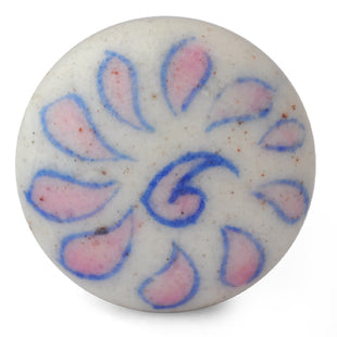 Handmade White Ceramic Blue Pottery Drawer Knob With Pink Flower