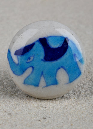Stylish White Ceramic Blue Pottery Knob With Turquoise Elephant Design