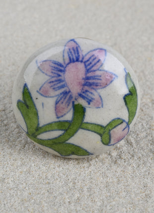 White Ceramic Blue Pottery Door Knob With Pink Paisley Flower