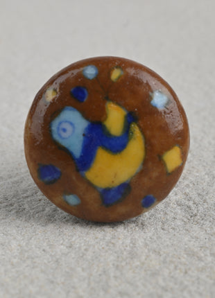 Brown Ceramic Blue Pottery Knob With Beautifully Crafted Bird Print