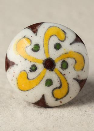 Elegant White Ceramic Drawer Knob With Yellow And Brown Design